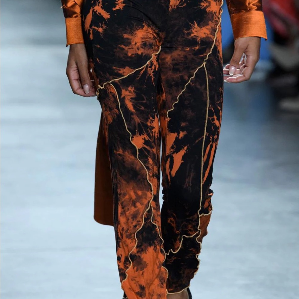 KIM SHUI Patchwork Orange Black Tie Dye Pants XS